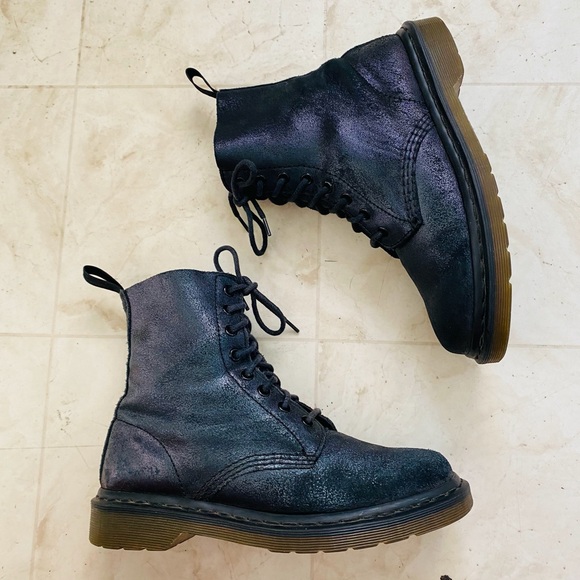 Martens Pascal Black Shimmery Leather Lace Up Moto Combat